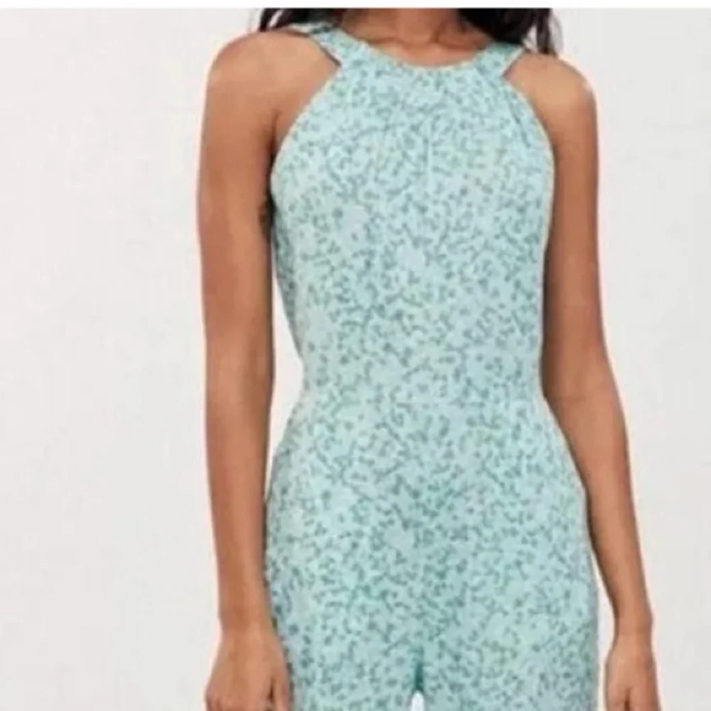 ZARA NECKHOLDER OVERALL LINEN BLEND FLORAL FLOWERS GREEN JUMPSUIT Size XS